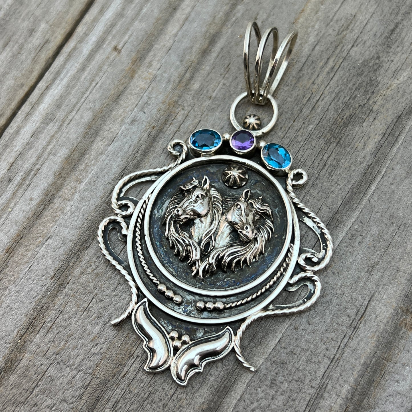 Large horse pendant sterling silver Blue Topaz Amethyst Irvin Tsosie Navajo 824