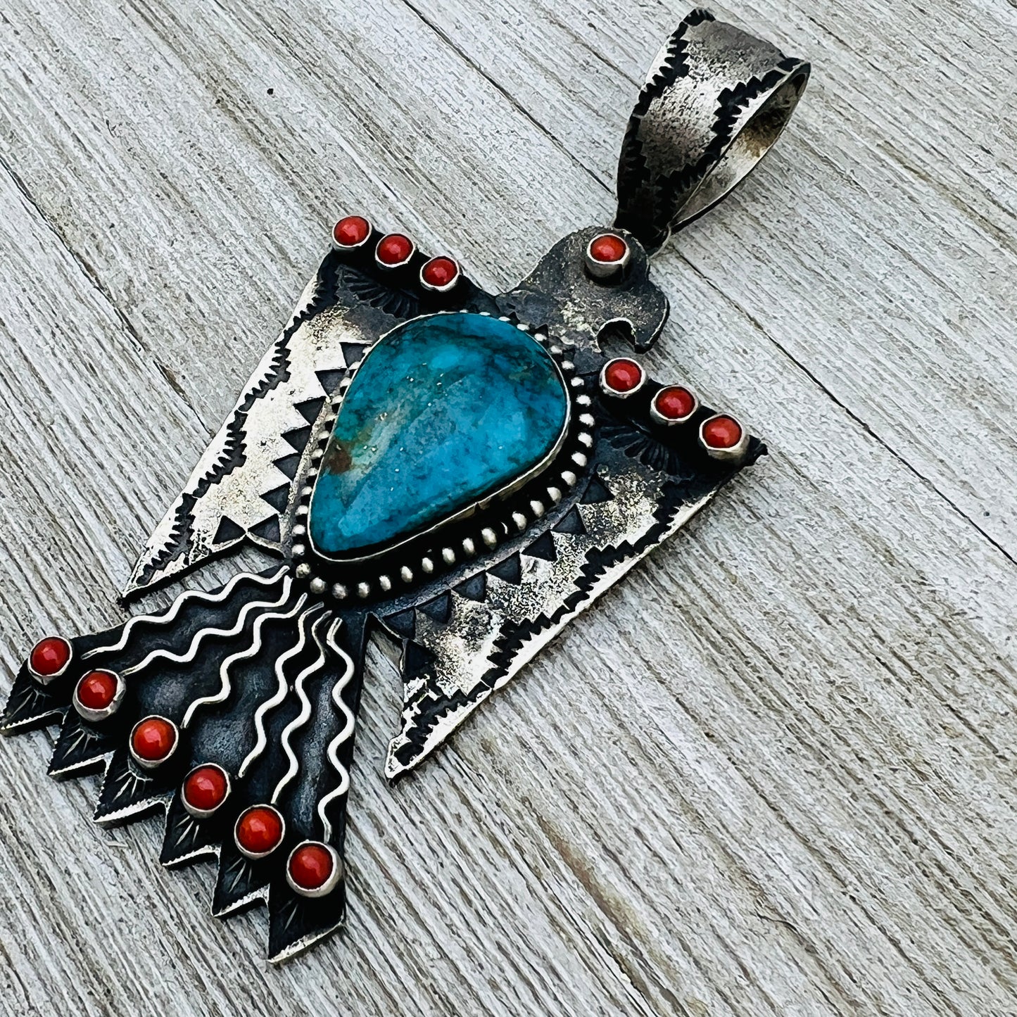 large Heavy Thunderbird Pendant Turquoise Coral Shawn Cayatineto Sterling Silver