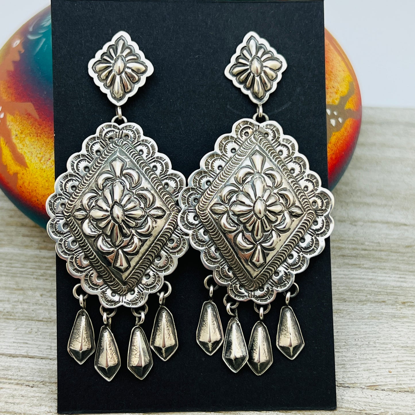 Large Stamped Concho earrings sterling silver Terry Charlie Navajo handmade ER30
