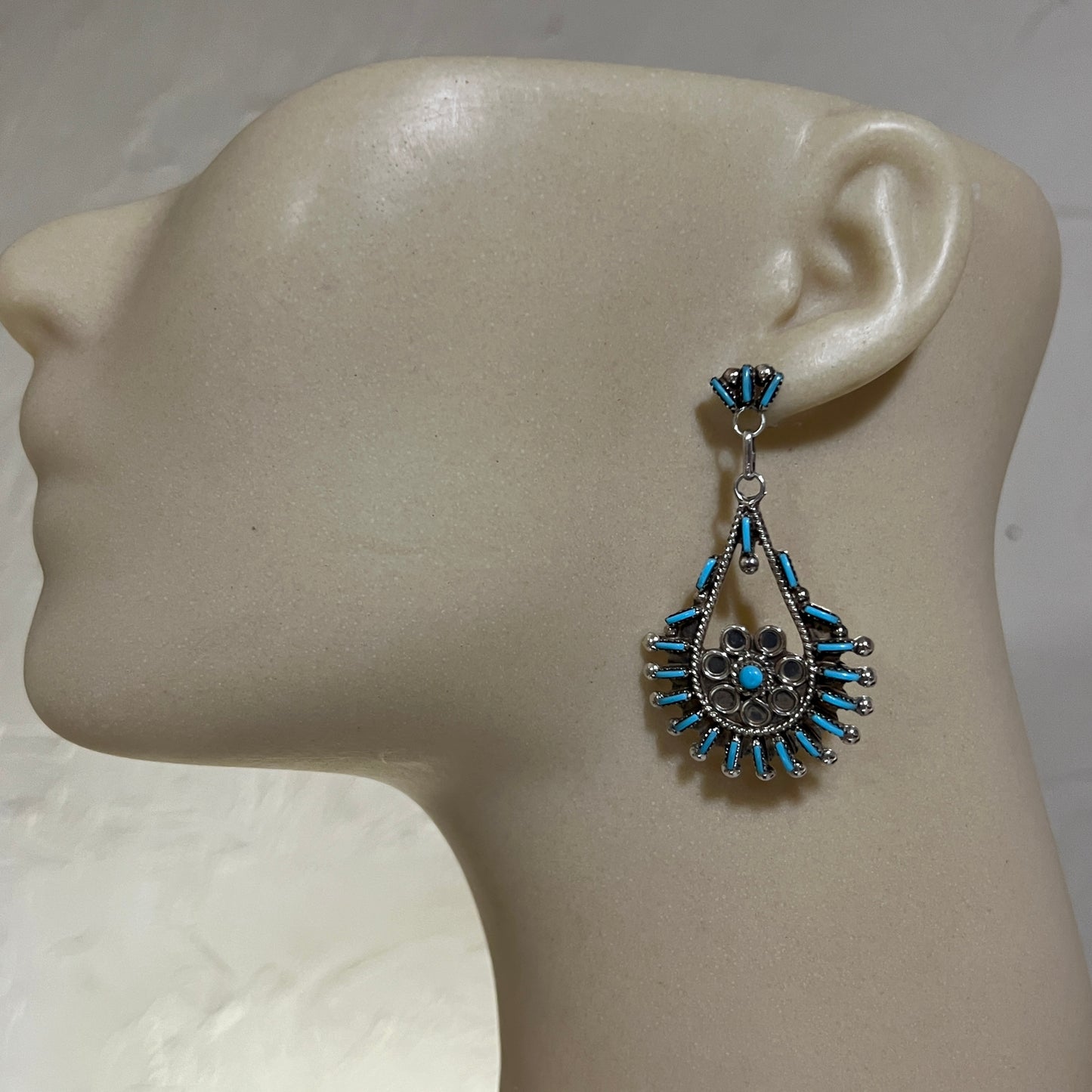 Zuni Needlepoint Turquoise Teardrop Dangle Earrings, Sterling Silver, PHILANDER GIA