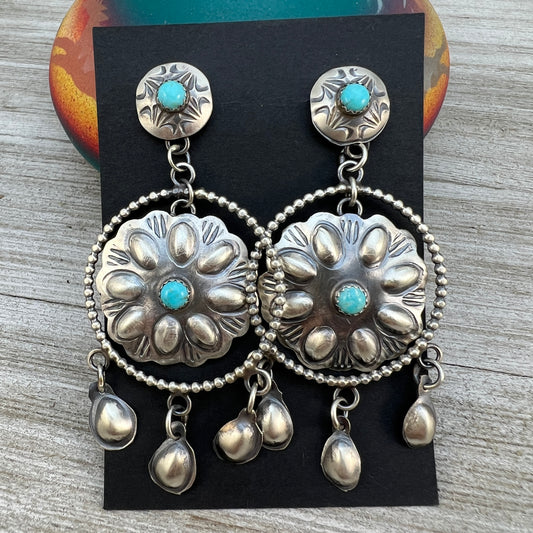 Long Dangle Concho earrings #3, sterling silver turquoise Gabrielle Yazzie signed