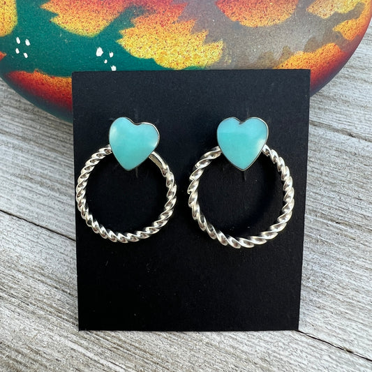 Turquoise Heart Hoop Earrings, Sterling Silver Navajo Sonyei Coho