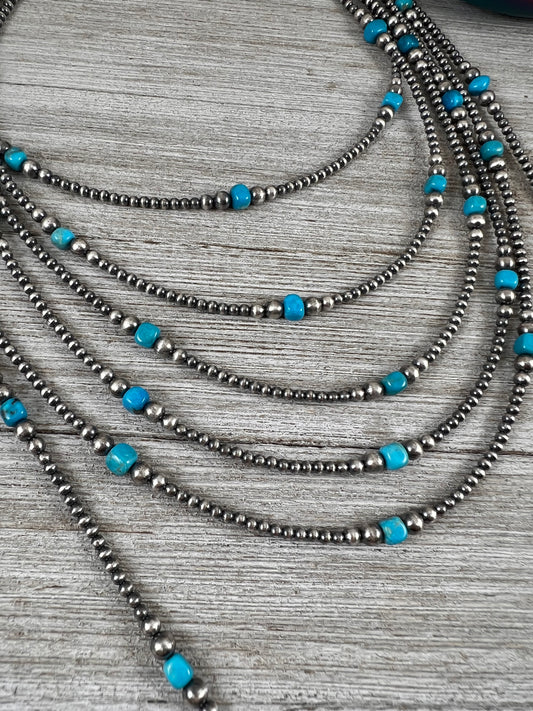 Turquoise with 3mm - 5mm graduated Sterling Silver Pearls Bead Necklace, Oxidized Silver,  Western Jewelry Southwest Pearls