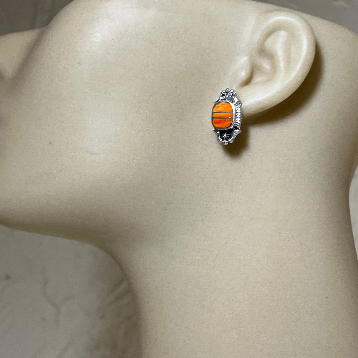 Modern Orange Spiney Shell Inlay Stud Earrings Sterling Silver James Manygoats Navajo 666