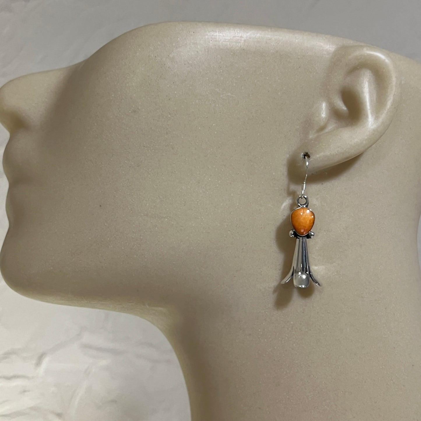 Orange Spiny Shell Sterling silver Squash blossom earrings, Navajo handmade Dorothy Lee