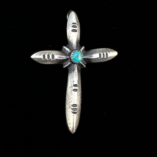 Narrow Turquoise Cross Pendant Sterling Silver Navajo handmade Martha Cayatineto