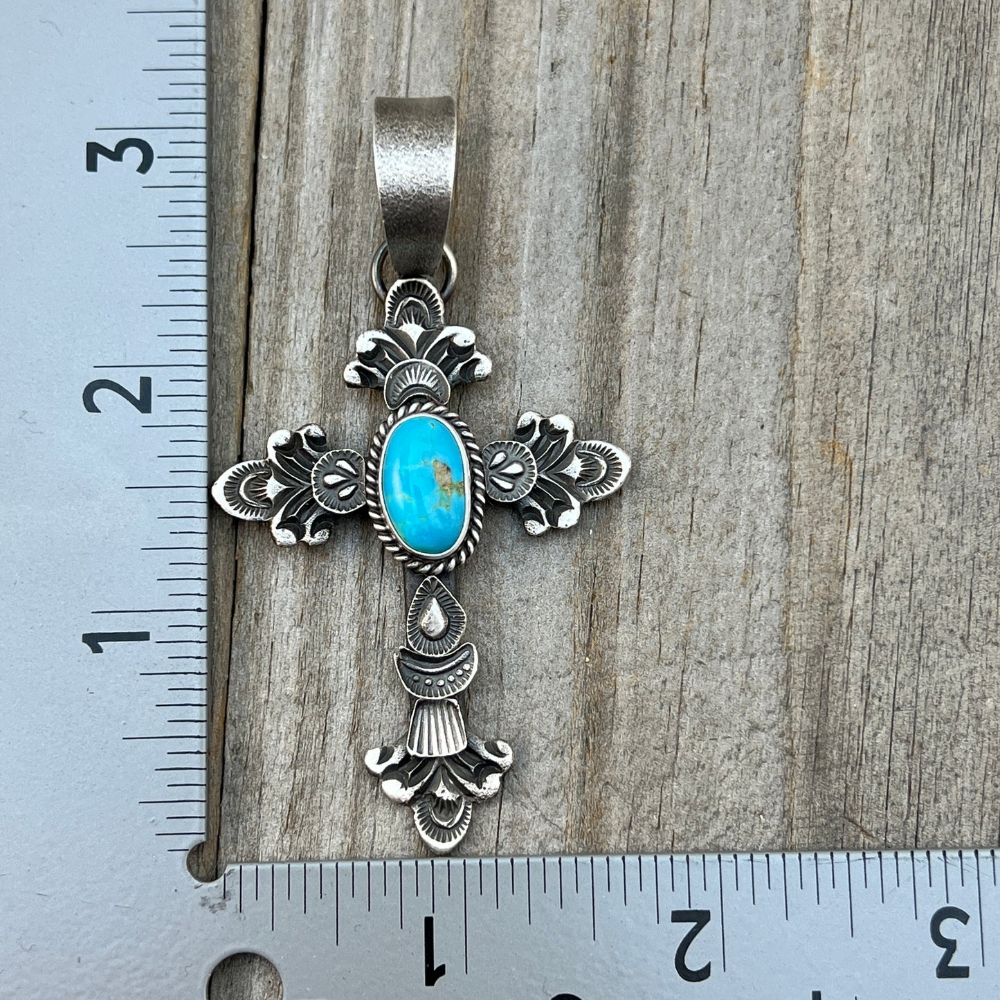 Kingman turquoise ornate cross pendant sterling silver Kevin Billah Navajo 806