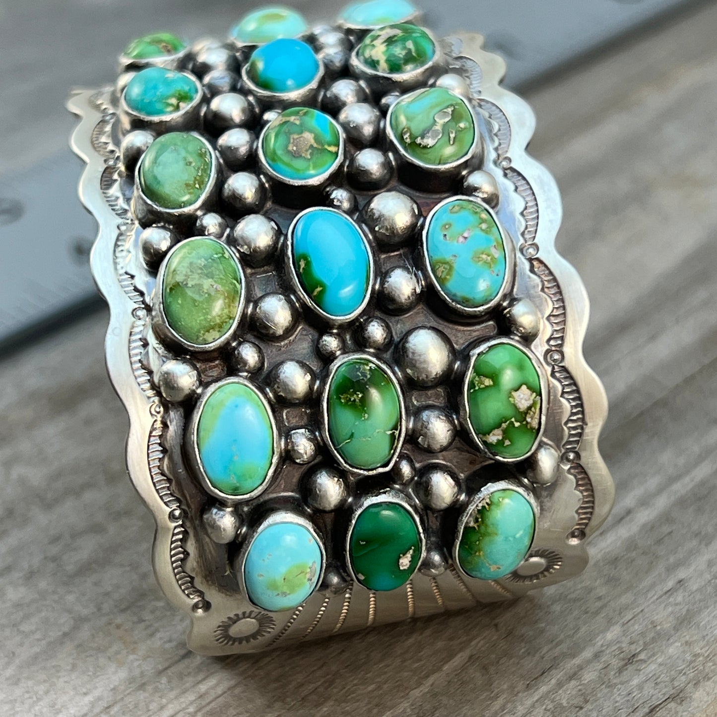 6 3/4" Green Blue Sonoran Turquoise Cuff Bracelet Sterling Silver Tom Lewis 511