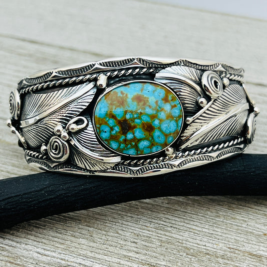 6 1/2" Kingman Turquoise floral cuff bracelet sterling silver Darrell Morgan BR2