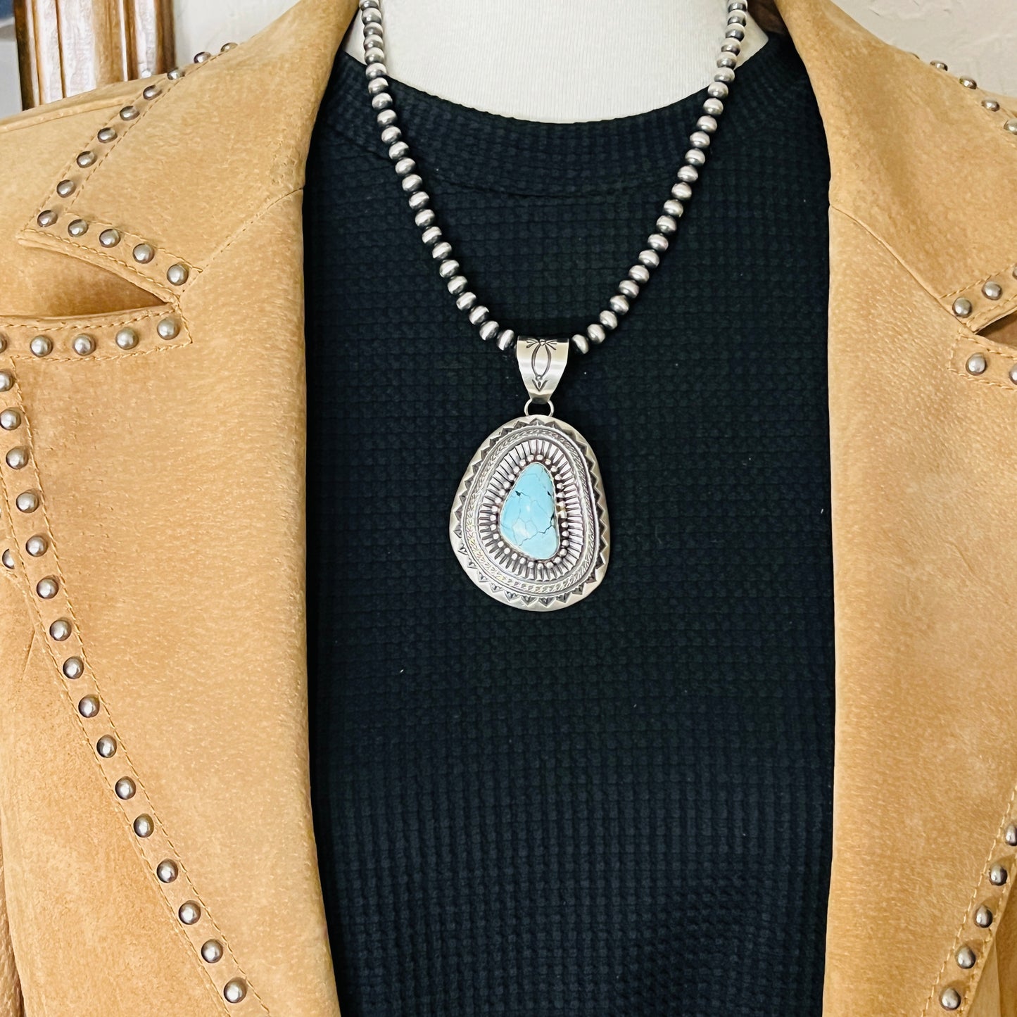 Natural Egyptian Turquoise Stamped concho pendant Arnold Blackgoat Sterling silver Navajo 851