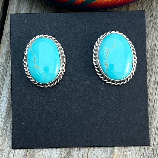 Blue Royston Turquoise oval stud earrings sterling silver Chassity Belone Navajo 727