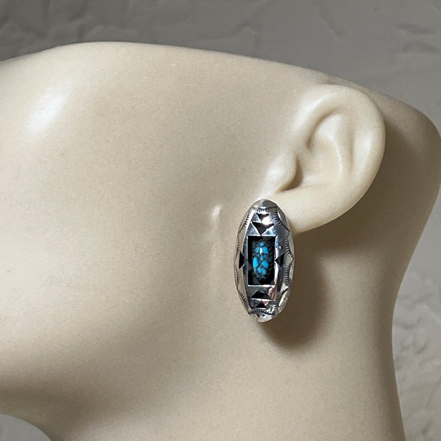 oval concho shadowbox post stud earrings, sterling silver turquoise Felix Perry 834