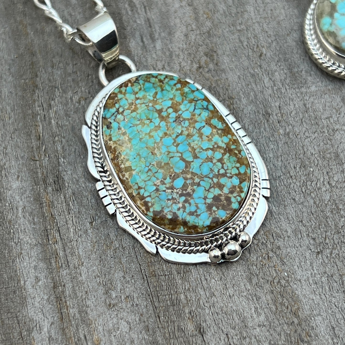 18" Sterling silver #8 Spiderweb turquoise necklace pendant Lucy Valencia Navajo 624