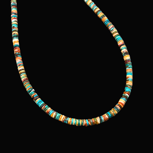 17" turquoise red orange spiny shell heishi bead necklace choker Doreen Jake Navajo 784