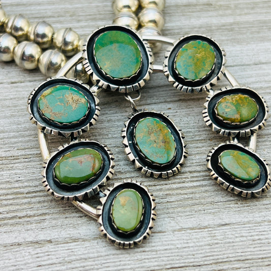 Vintage King's Manassa Turquoise 30" squash blossom necklace Sterling silver.