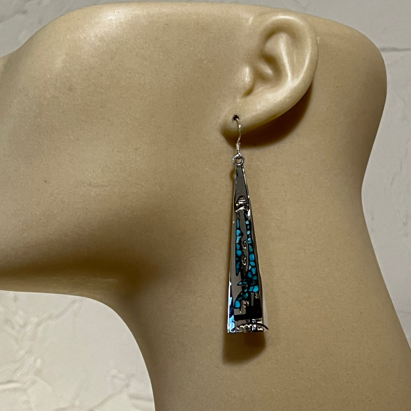 Turquoise coral chip inlay long earrings Navajo handmade signed Jolene Yazzie 2