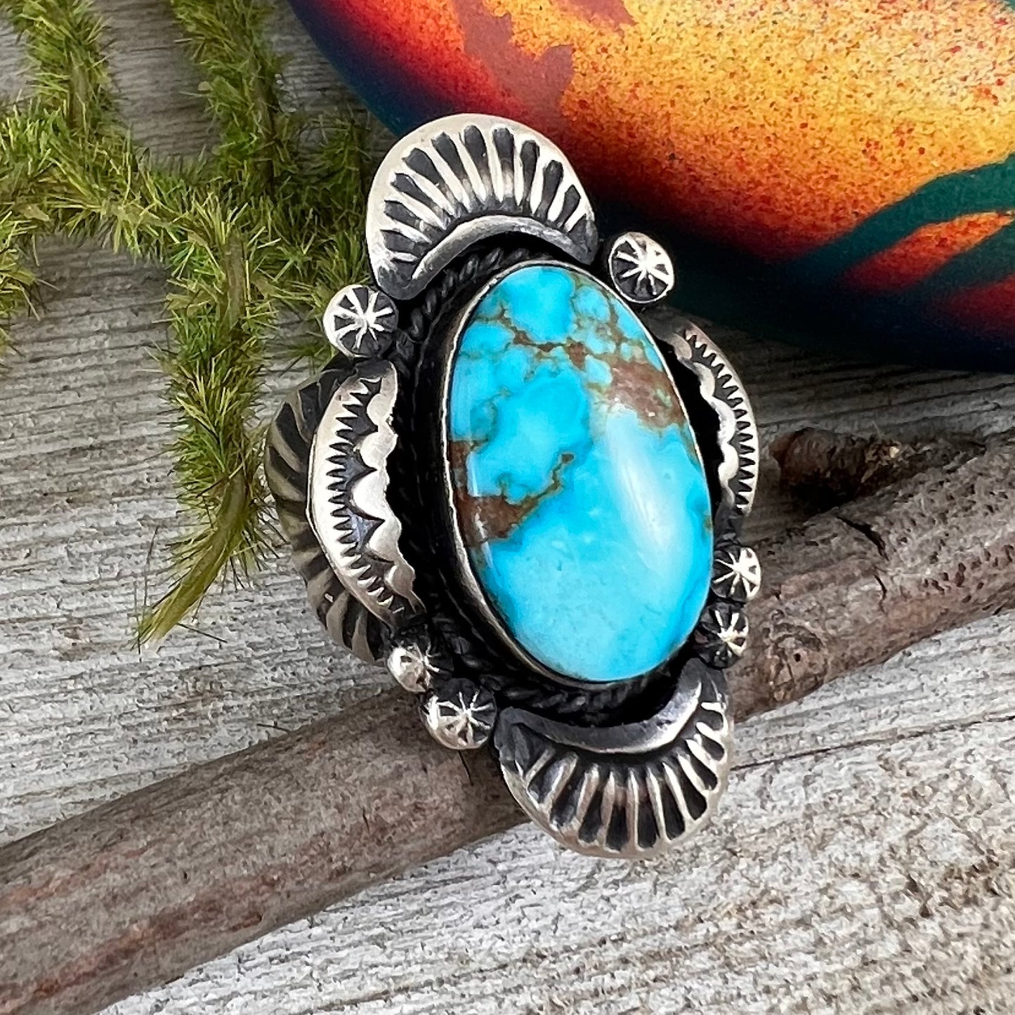 Size 7.5 / B Beautiful High Grade, Blue, Kingman spiderweb Turquoise ring, Heavy handmade by Navajo artist, Gilbert Tom, signed,