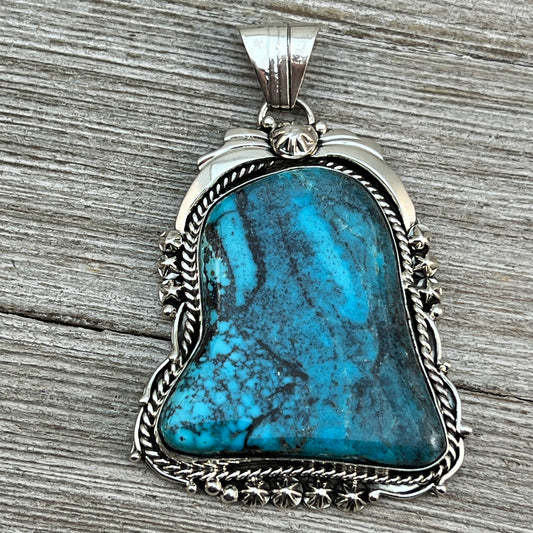 Smokey Blue Kingman Turquoise large Pendant Navajo Rita Long Sterling silver