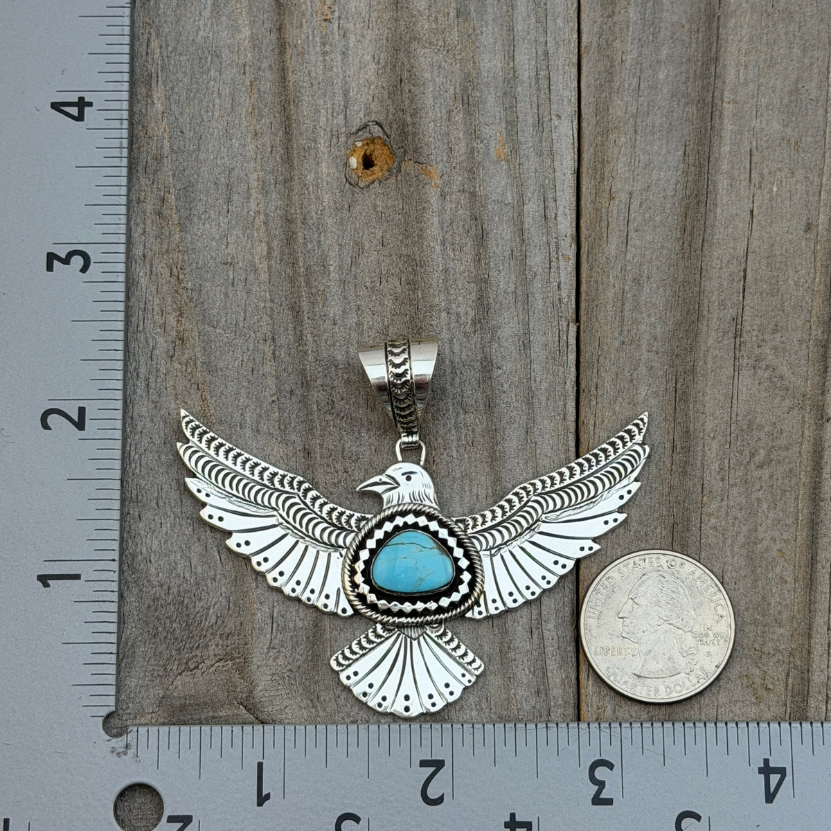 Turquoise Thunderbird Pendant sterling silver Jeremy Delgarito Navajo PD11 hand stamped