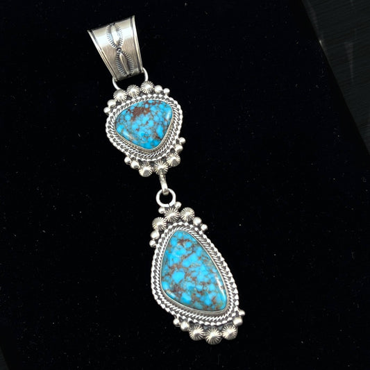 Blue Kingman Spiderweb Turquoise Pendant 2 Navajo Sterling Silver Tom Lewis