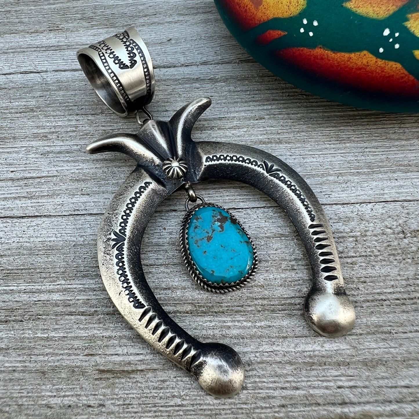 Large Tufa cast sterling silver turquoise naja pendant 2 Martha Cayatineto, Navajo signed