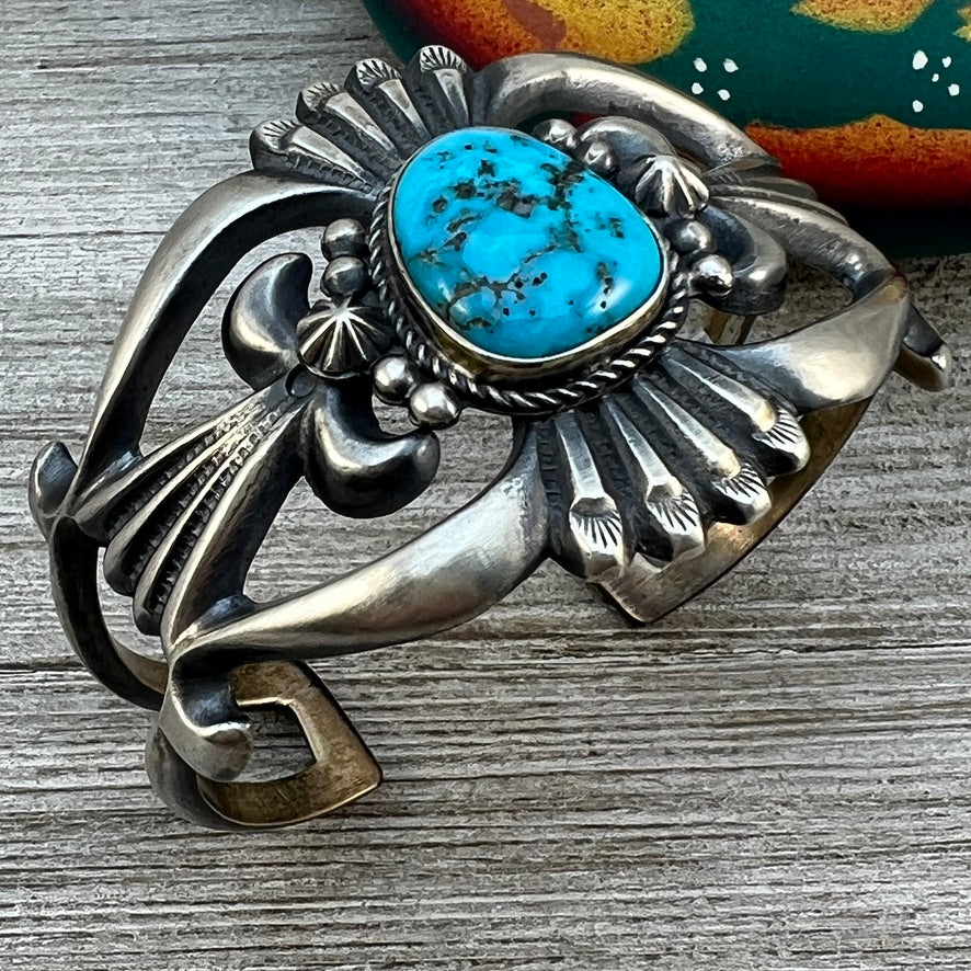 6 1/2" - 6 3/4" Kingman Turquoise Tufa Cast Sterling silver bracelet, Harrison Bitsu, Navajo