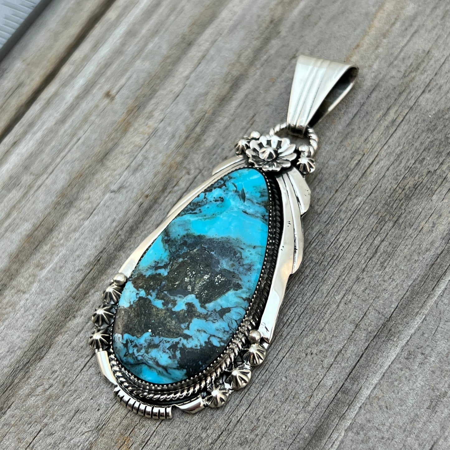 Blue Smokey Kingman Turquoise pendant sterling silver Rose Lee Navajo 788