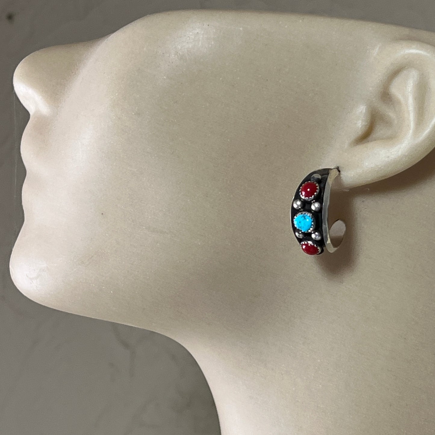 7/8" Turquoise Red Coral Hoop Earrings Navajo handmade by Paul Largo sterling silver 645