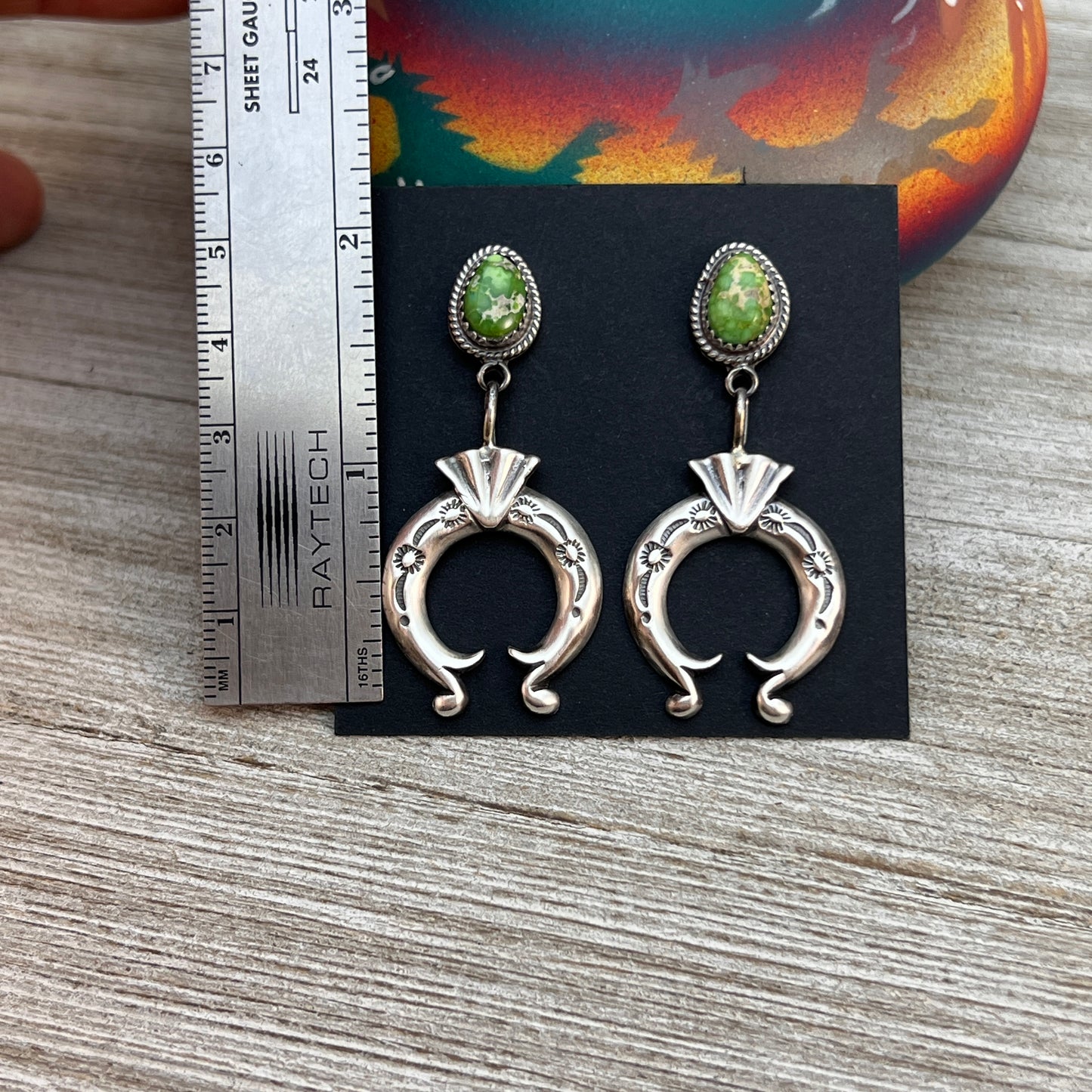 Green Sonoran Turquoise Naja Earrings 9, Navajo Paige Gordon Sterling Silver