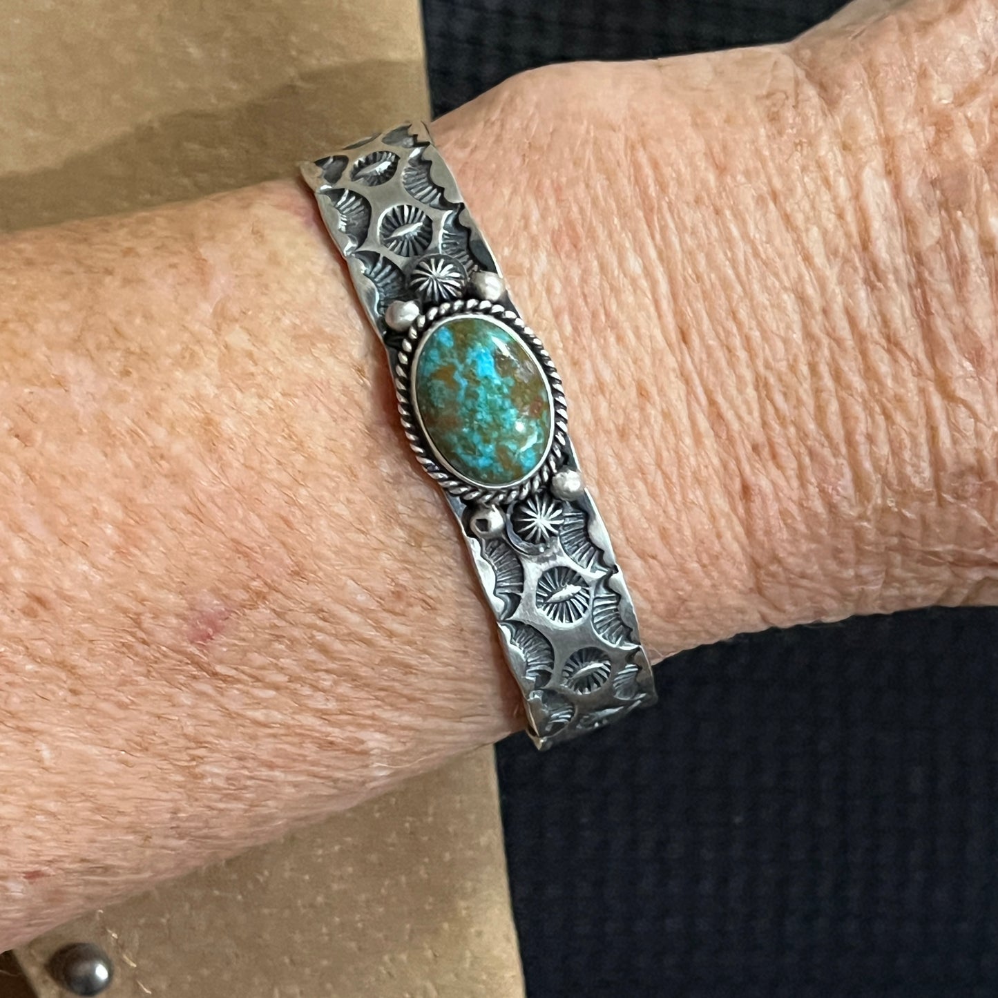 7" Kingman Turquoise Simple stamped Cuff Bracelet, Sterling Silver Navajo Kevin Billah