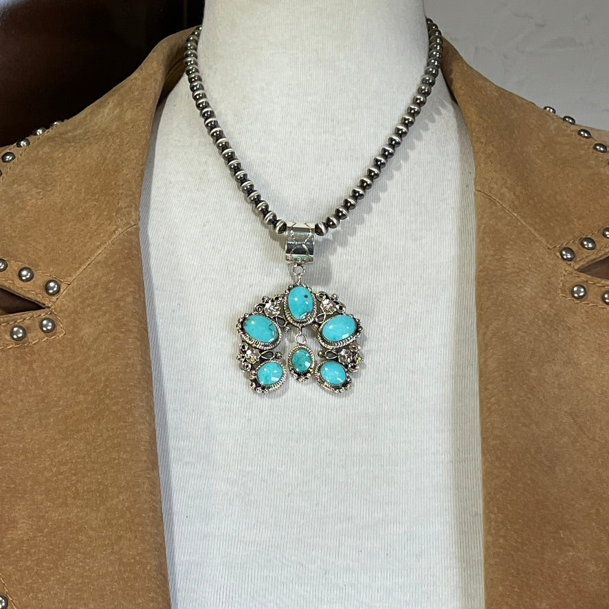 Sterling Campitos Turquoise Naja Pendant #1, Navajo handmade Loretta Delgarito