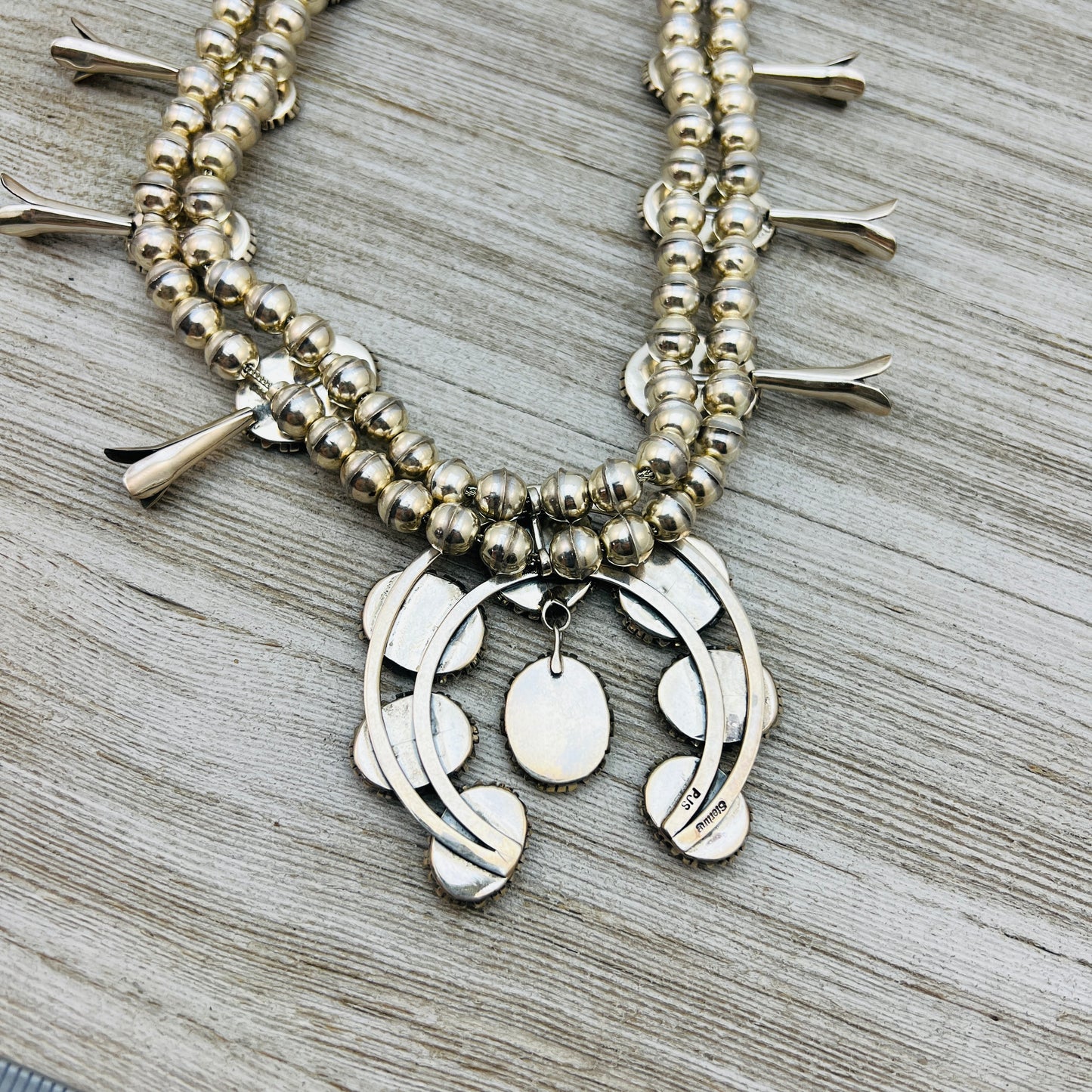 Vintage King's Manassa Turquoise 30" squash blossom necklace Sterling silver.
