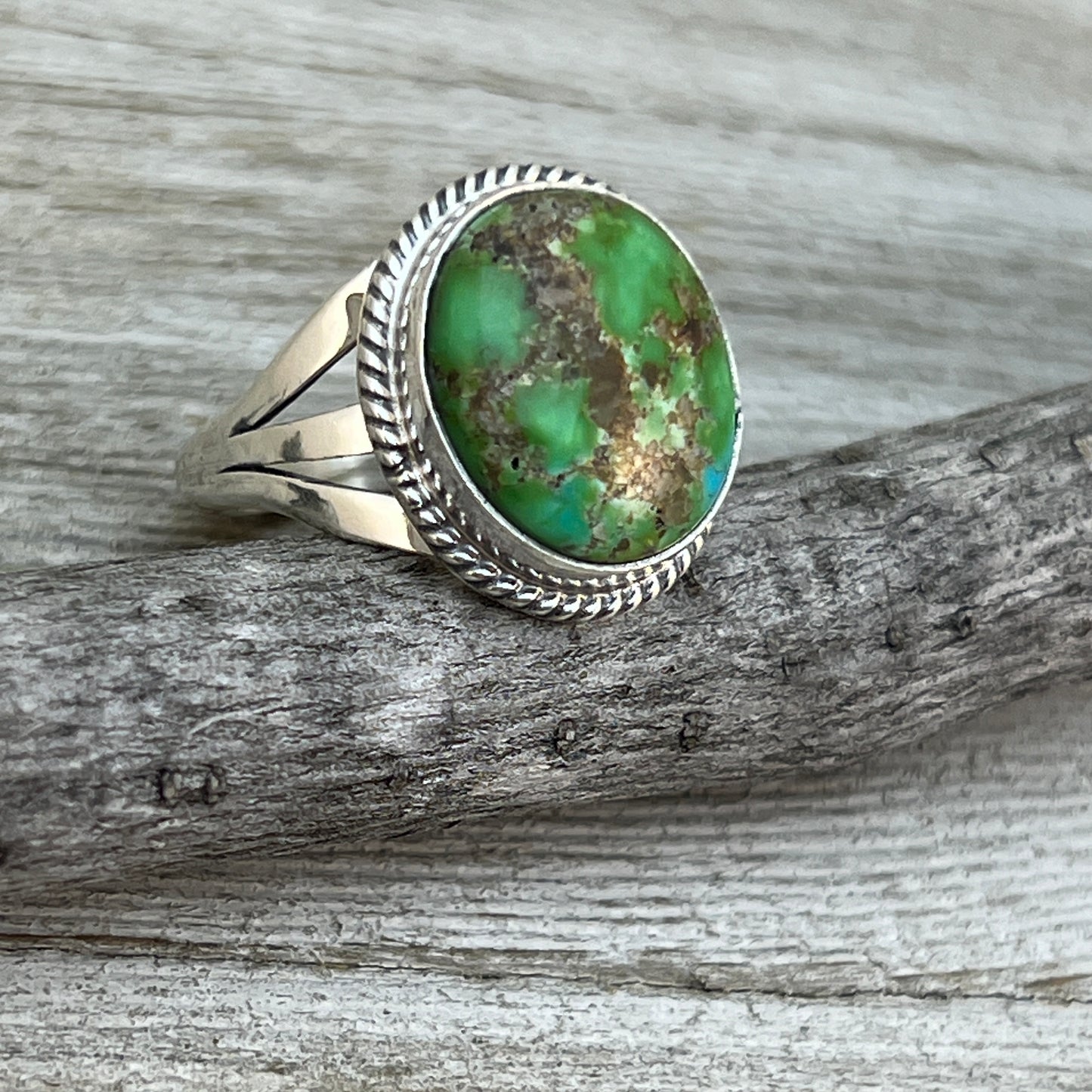 Size 8 1/2 Green Sonoran Turquoise Ring #3, Sterling Silver Judy Largo