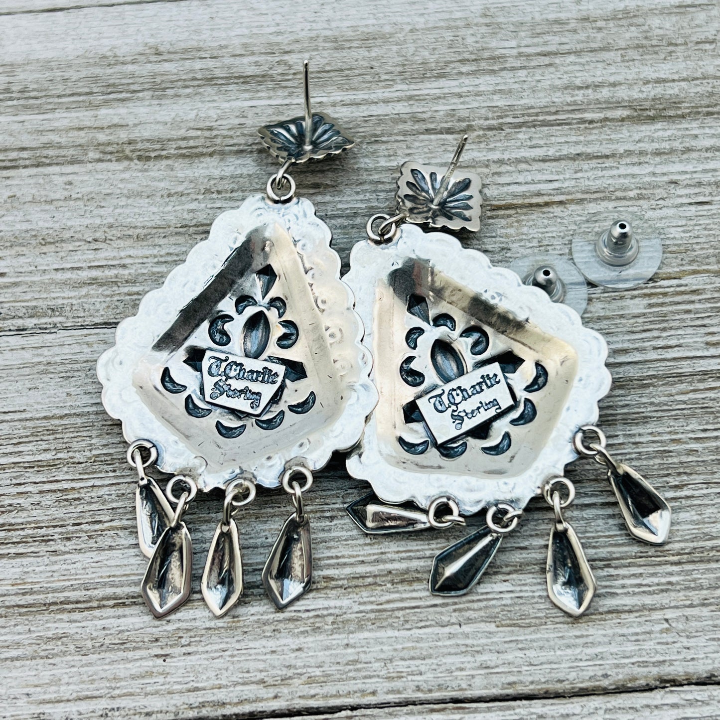 Large Stamped Concho earrings sterling silver Terry Charlie Navajo handmade ER29