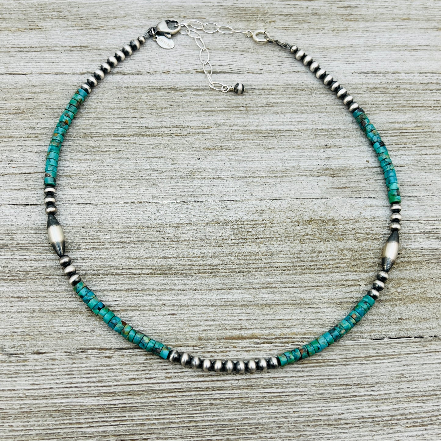 13" 14" 15" 16" 17" adjustable choker, Real Sterling Silver, oxidized, Turquoise Bead Necklace, Western Boho Pearl
