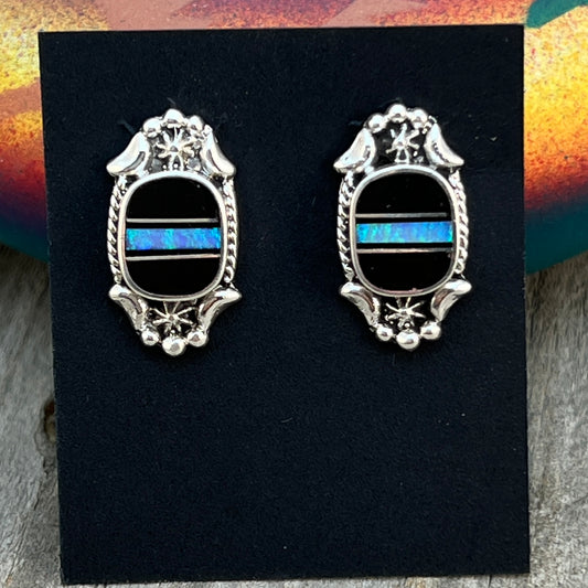 Modern Black Jet Opal Inlay Stud Earrings Sterling Silver James Manygoats Navajo 668
