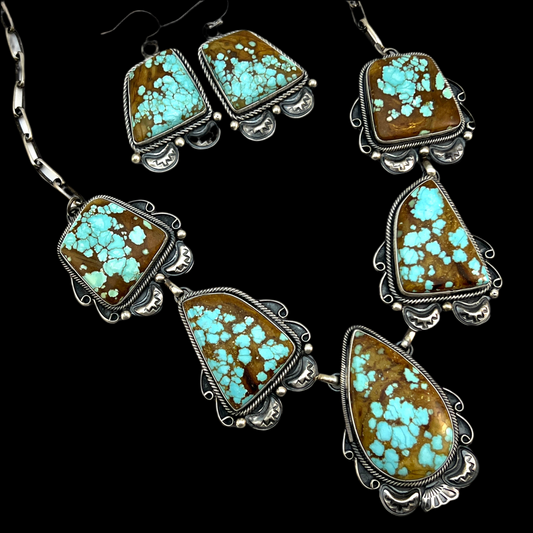 #8 Turquoise Station Necklace Earrings Set Sterling Silver Navajo Paul Livingston 641