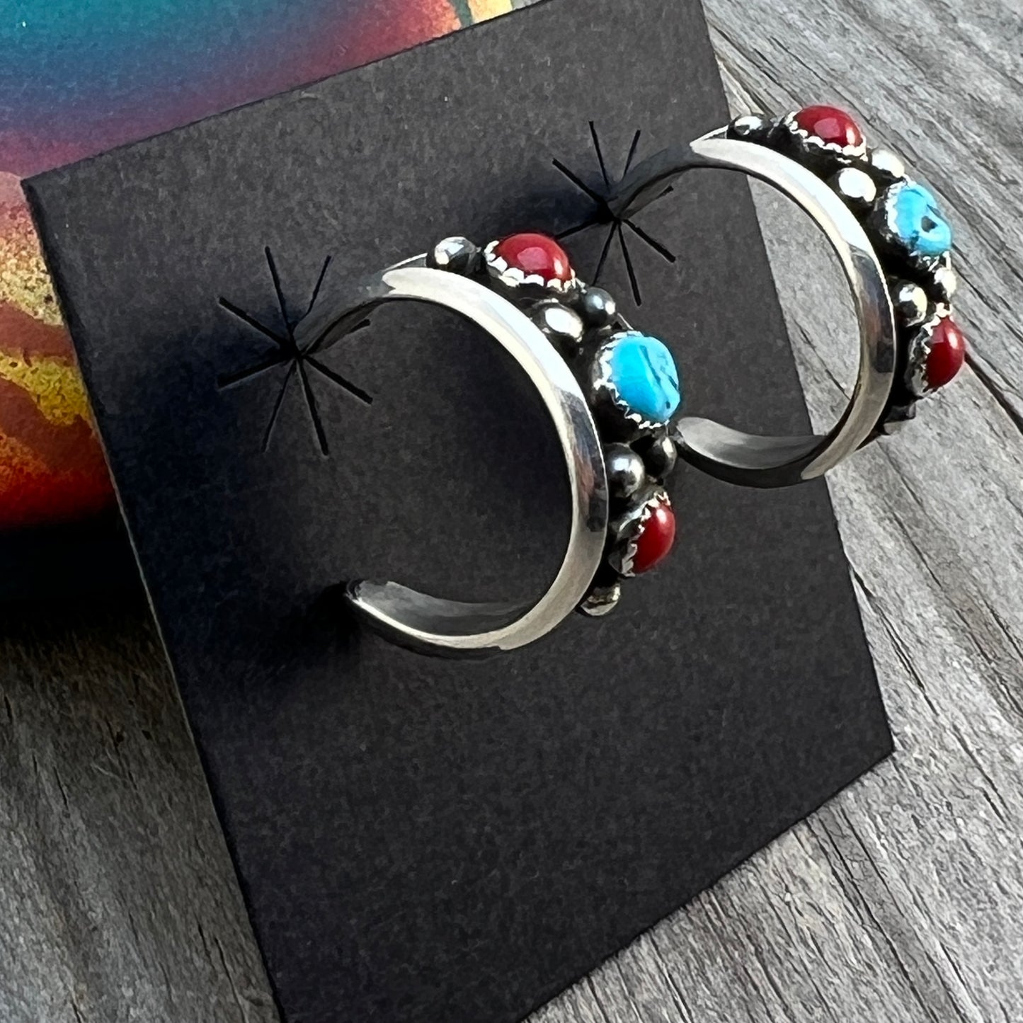7/8" Turquoise Red Coral Hoop Earrings Navajo handmade by Paul Largo sterling silver 644
