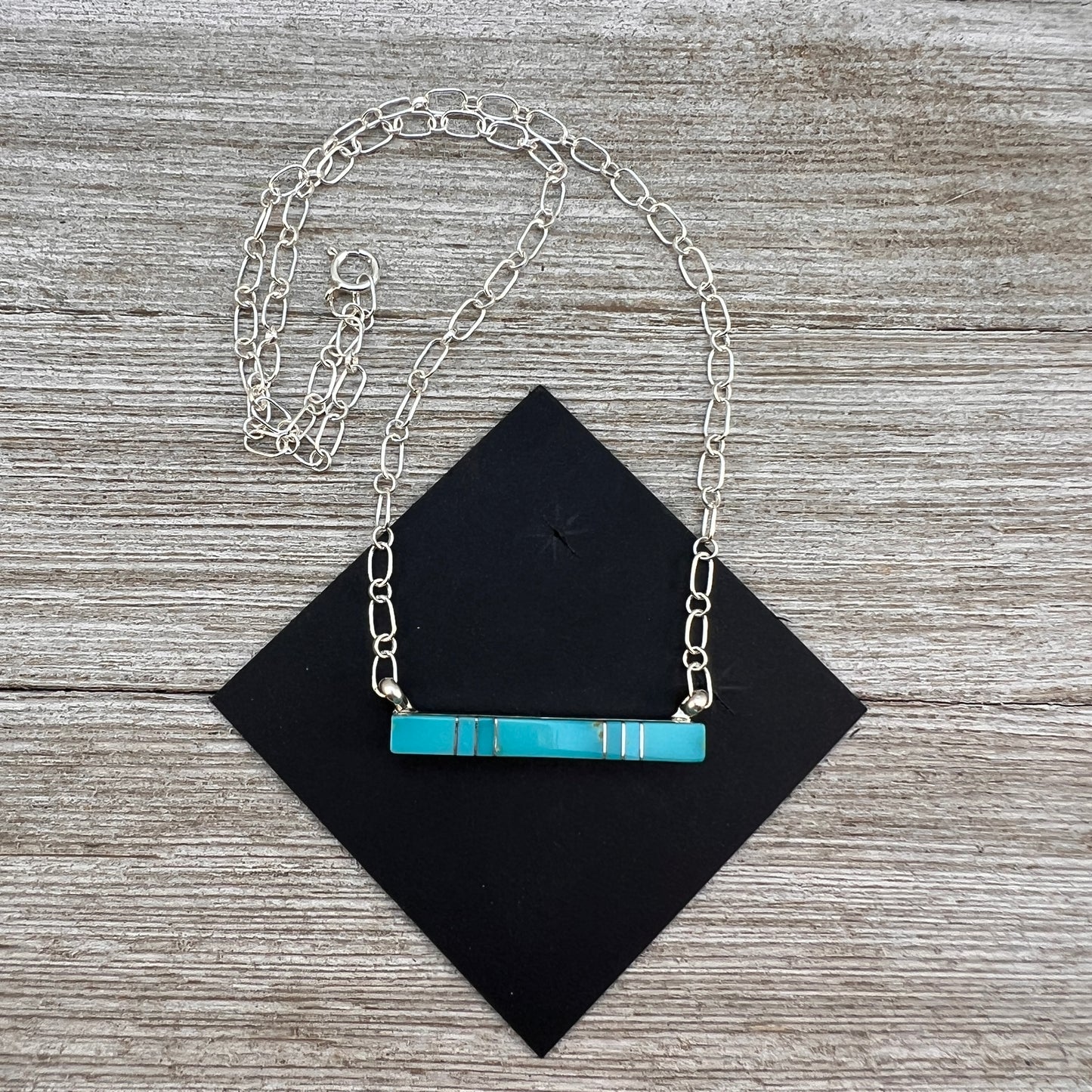 Blue Kingman Turquoise Bar Necklace 3, Zuni MaDerral Kallestewa sterling silver 18 1/2"