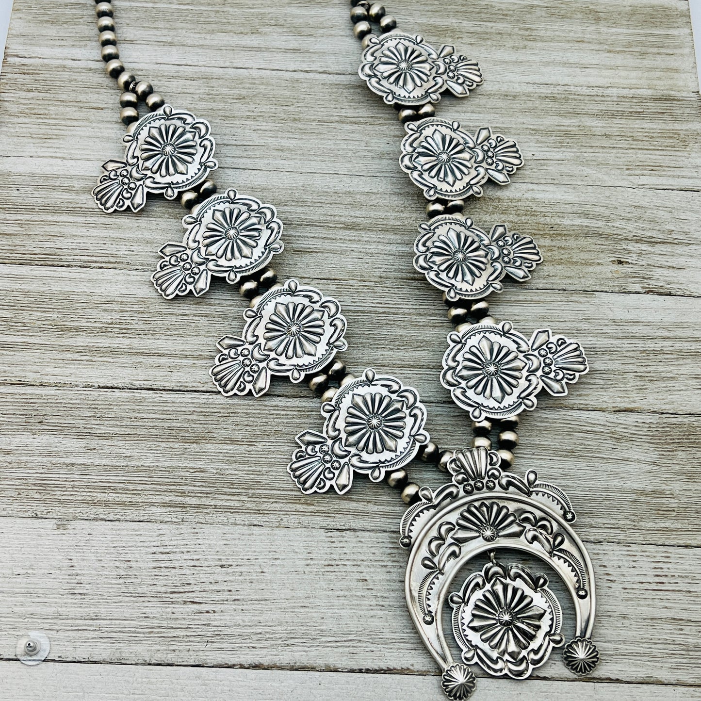 Large all silver Terry Charlie Squash Blossom Necklace Stamped repousse Navajo handmade NK1