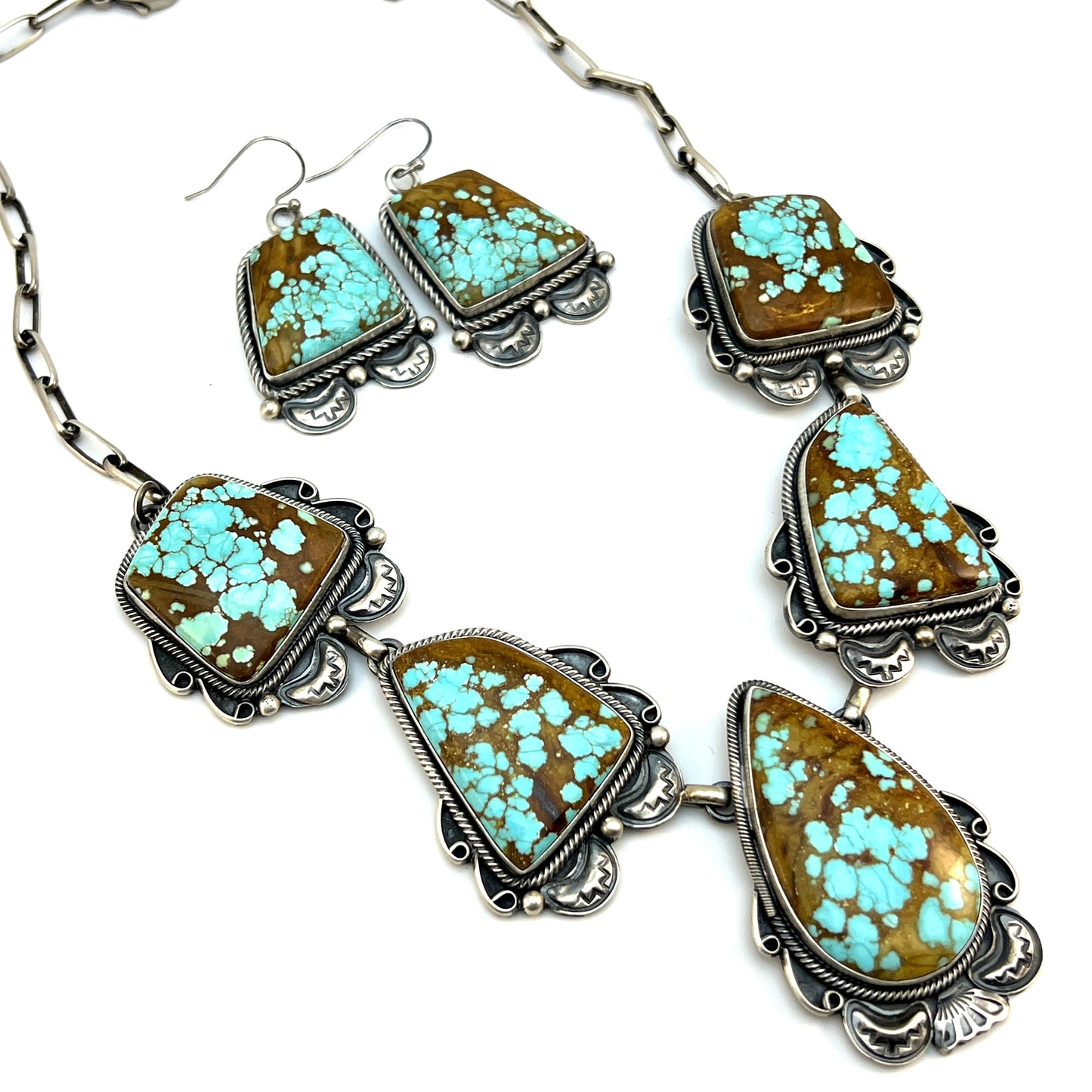 #8 Turquoise Station Necklace Earrings Set Sterling Silver Navajo Paul Livingston 641
