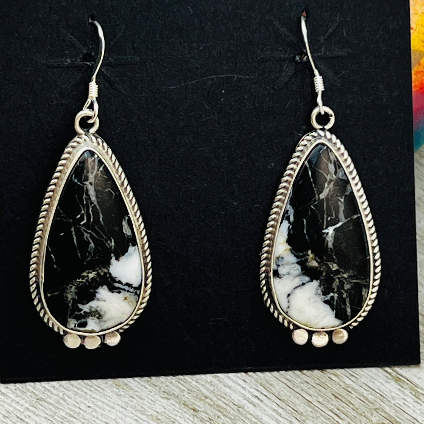 White Buffalo stone dangle earrings sterling silver Sharon McCarthy Navajo ER50