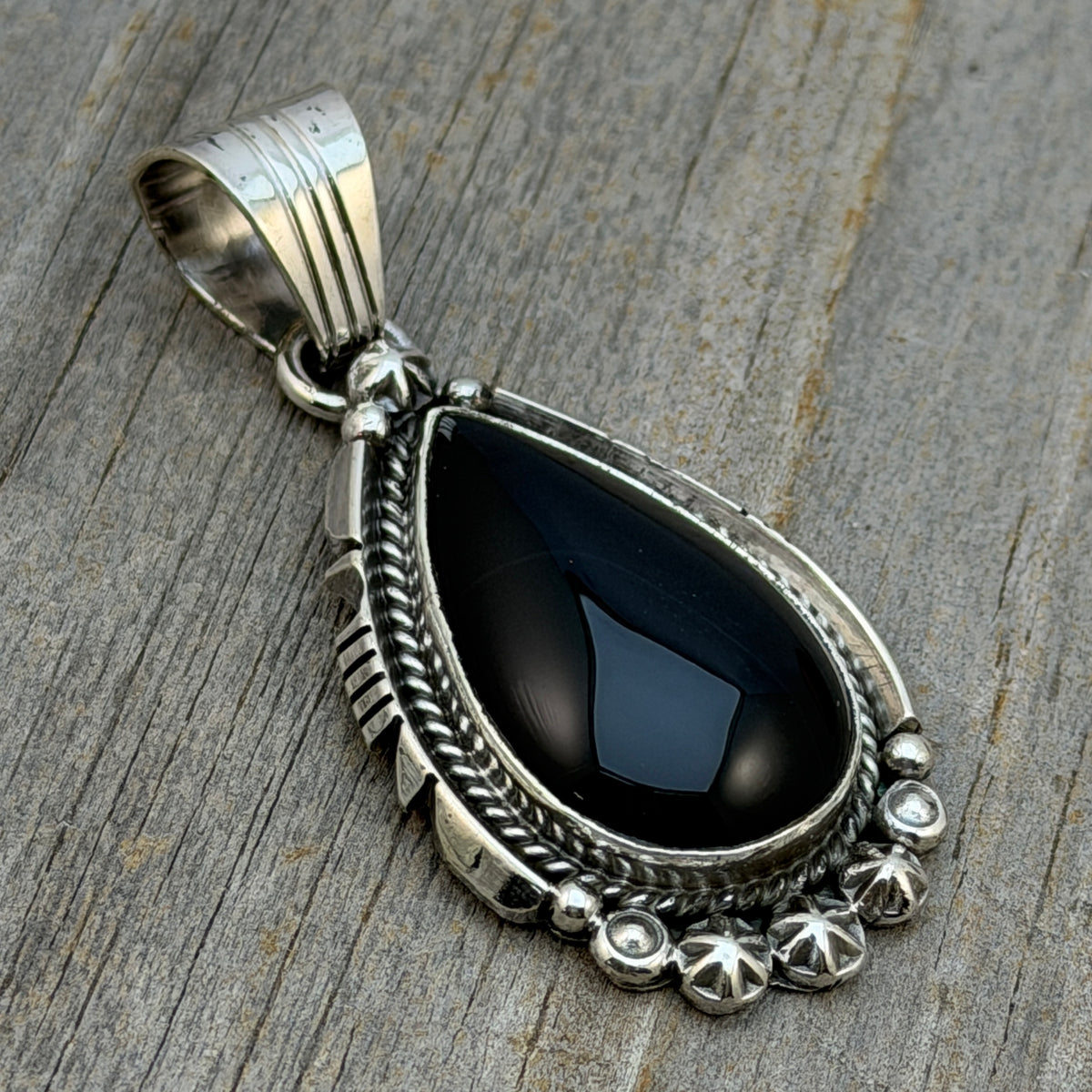 Black onyx teardrop pendant Sterling Silver Daniel Benally Navajo