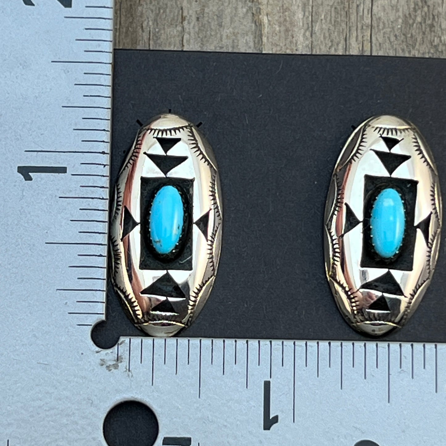 oval concho shadowbox post stud earrings, sterling silver turquoise Felix Perry 835