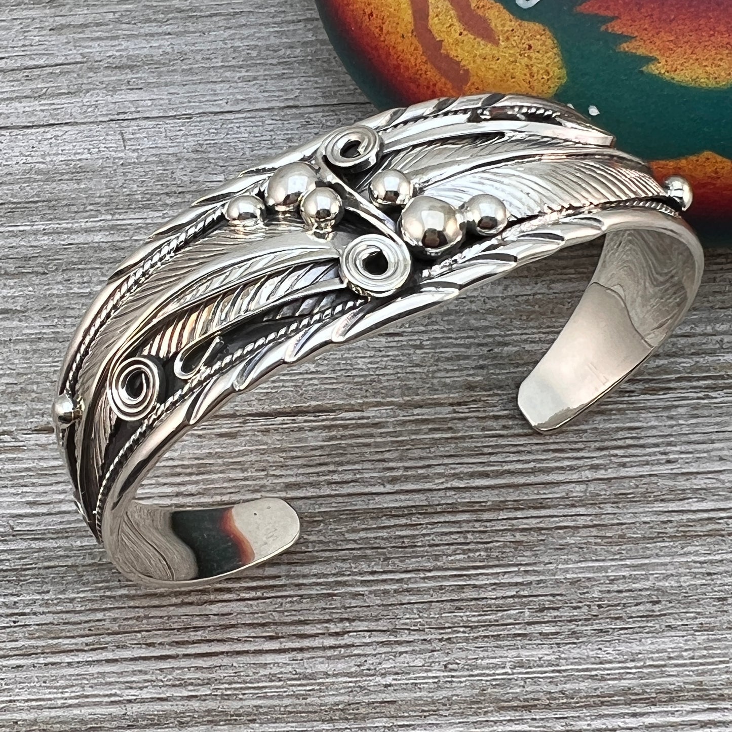 7" Sterling Silver Floral leaves Cuff bracelet, Navajo handmade Davey Morgan signed