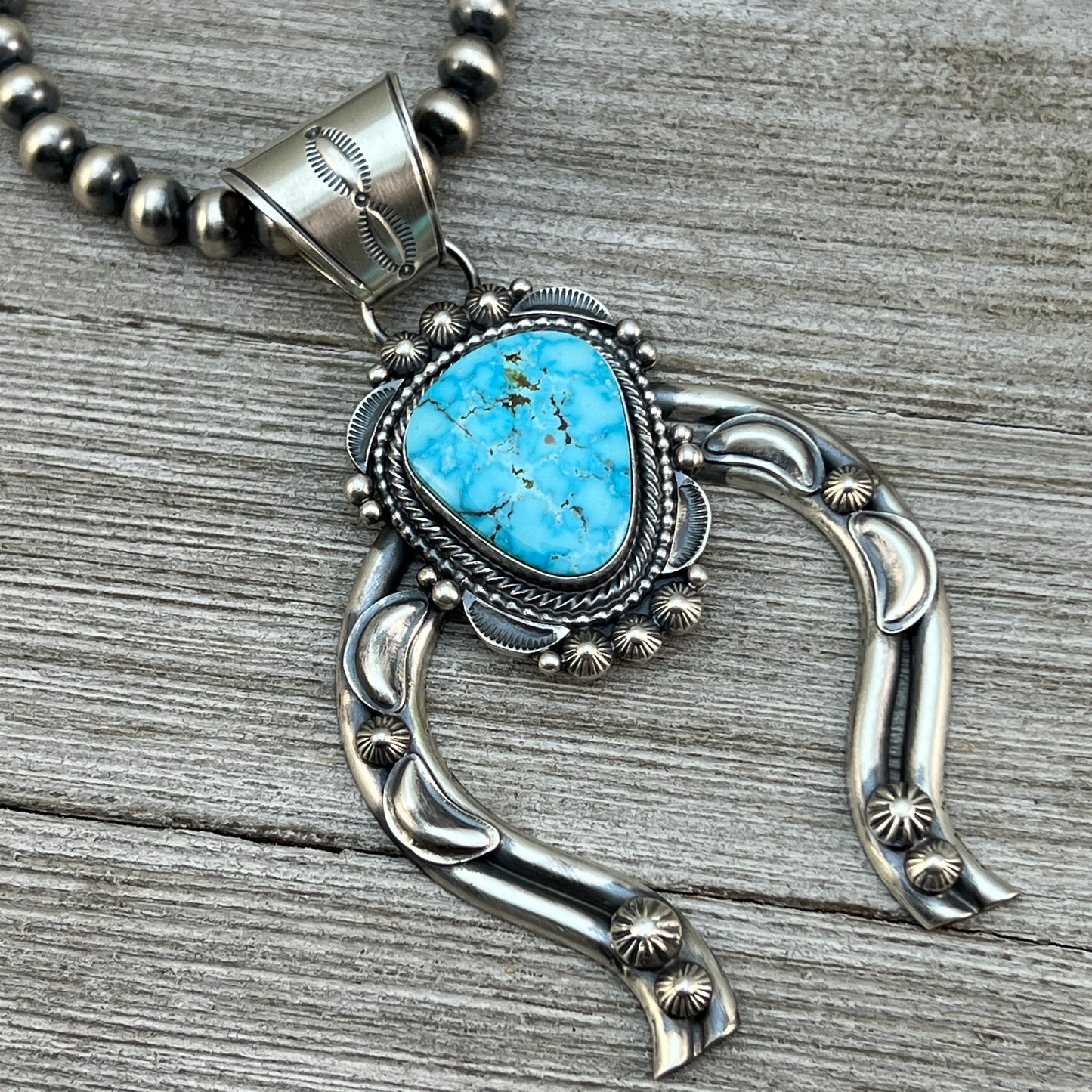 18" waterweb KINGMAN Turquoise Naja pendant necklace, sterling silver TOM LEWIS