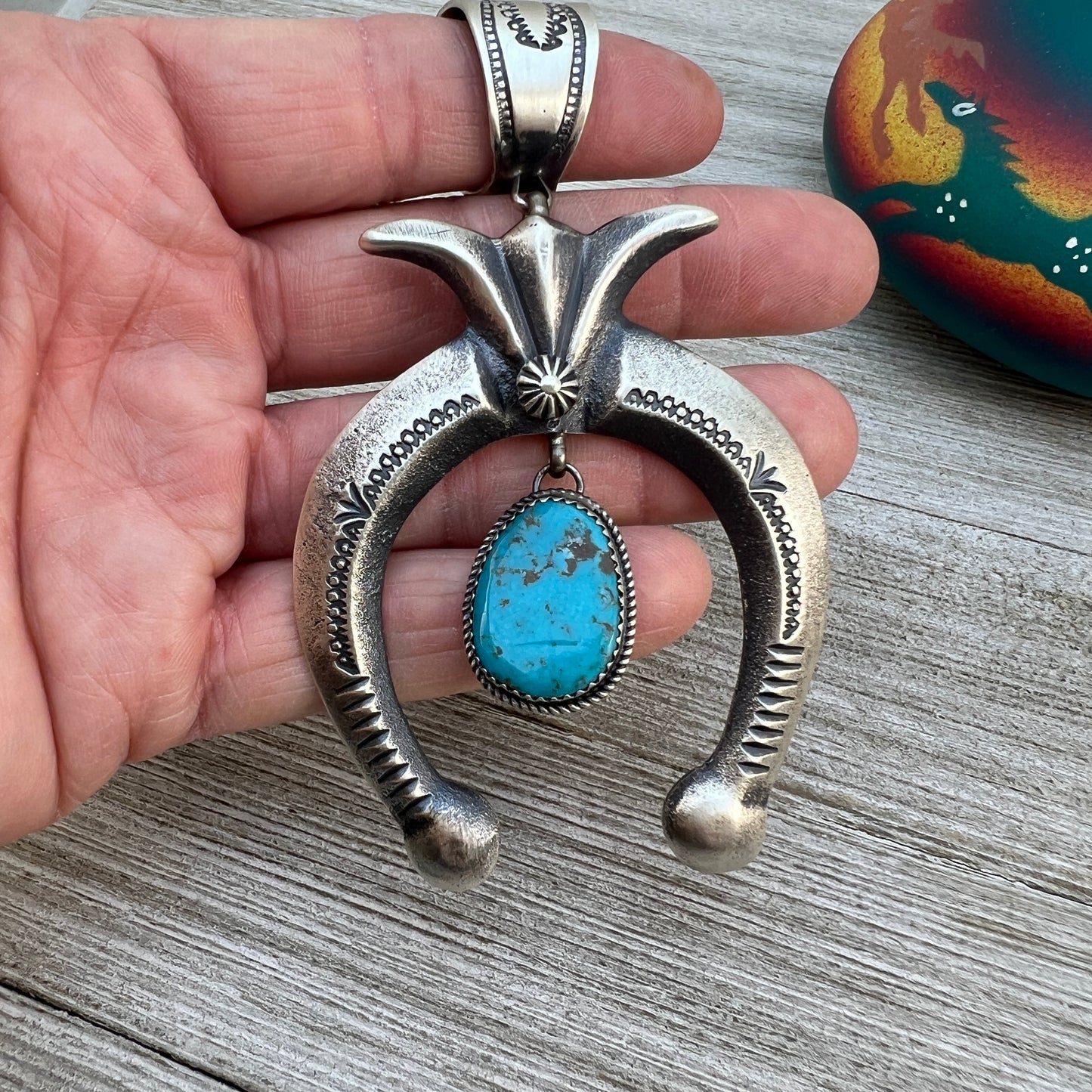 Large Tufa cast sterling silver turquoise naja pendant 2 Martha Cayatineto, Navajo signed