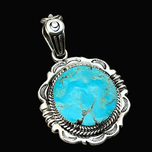 Kingman Turquoise Pendant Sterling silver Navajo handmade Jeremy Delgarito 764