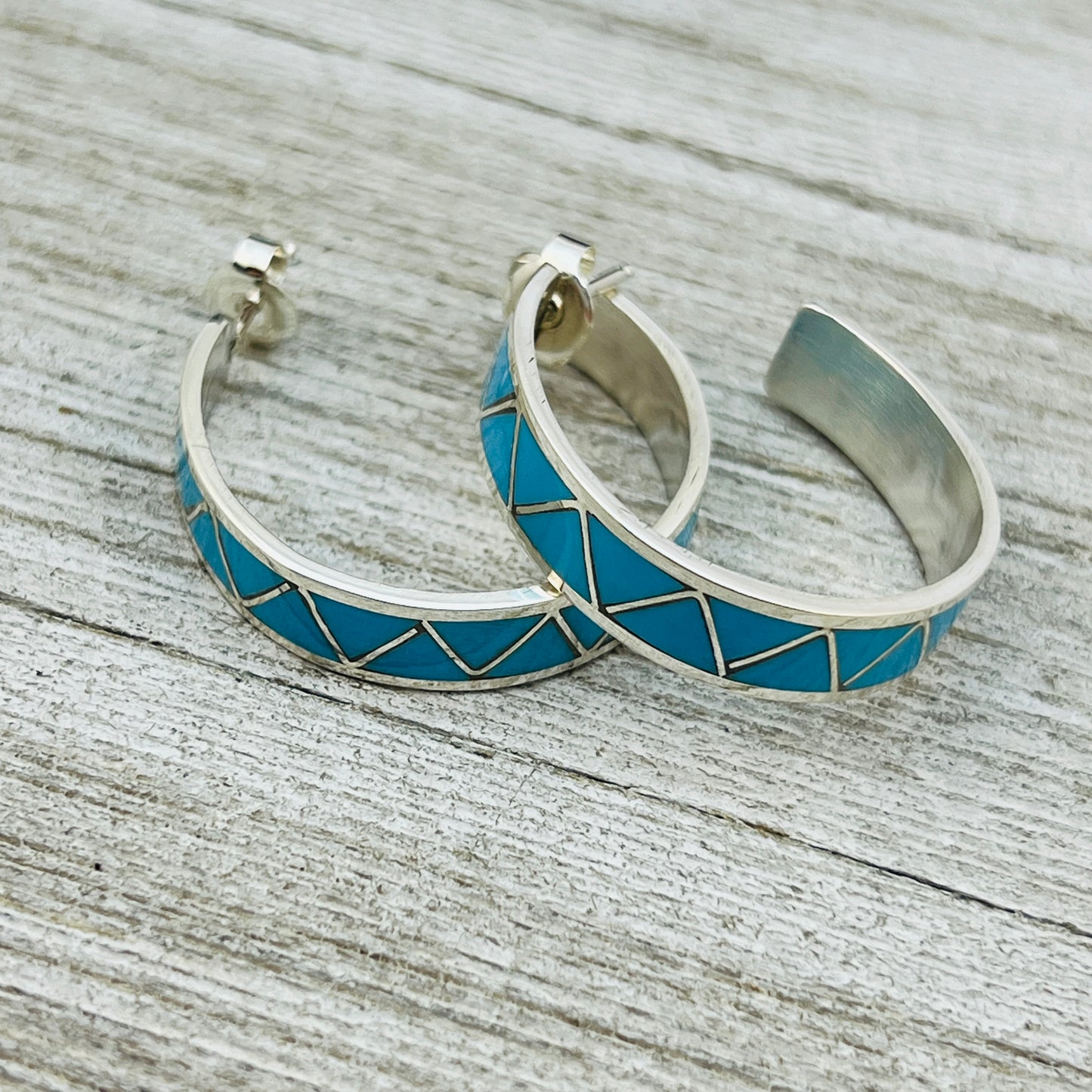Turquoise inlay hoop earrings Tina Haloo Zuni Sterling silver ER45