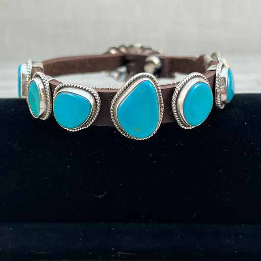 Campitos Turquoise leather Sterling silver bracelet #3, adjustable Navajo signed